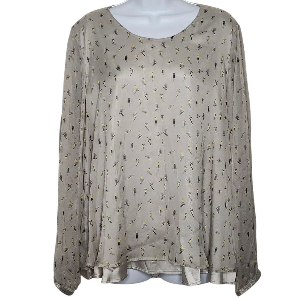 Women's Max Volmary Silk Blouse German Sz 42/US 12/L Gray Ski Print Long Sleeve
